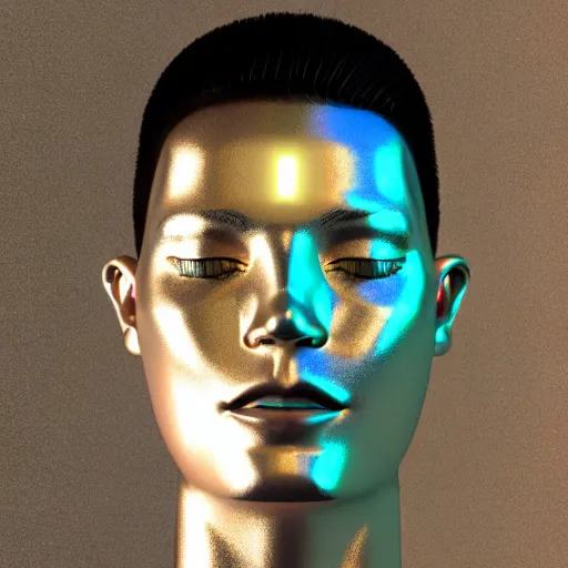 Image similar to 3d render of holographic human robotic head made of glossy iridescent, surrealistic 3d illustration of a human face non-binary, non binary model, 3d model human, cryengine, made of holographic texture, holographic material, holographic rainbow, concept of cyborg and artificial intelligence