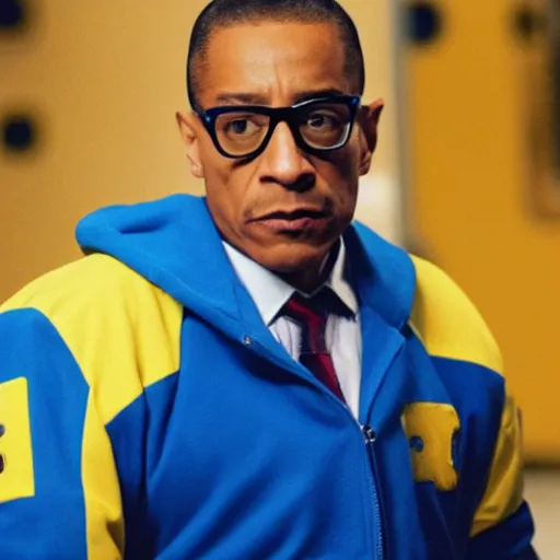 Image similar to gus fring in a royal blue riverdale varsity jacket with yellow sleeves, still from breaking bad