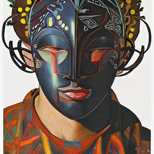 Image similar to head of a beautiful boy wearing a mask made of metal flowers, by diego rivera and john watkiss, art deco shaman, stylized geometric flowers, art brut, symbolist, dramatic lighting, god rays, iridescent beetles, clean crisp graphics, smooth sharp focus, extremely detailed, adolf wolfli