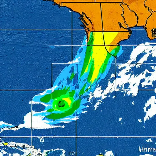 Image similar to a weather forecast warning of a tropical storm that is in the shape of an amogus