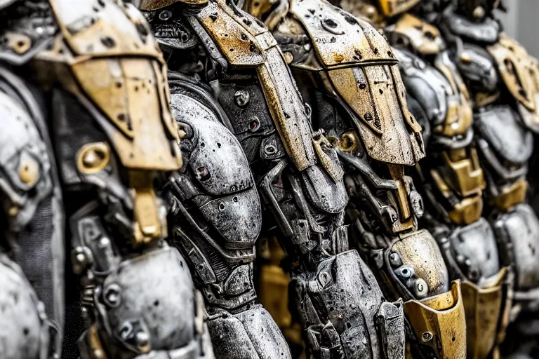 Image similar to photo taken of an epic intricate, ultra detailed, super realistic gritty, hero prop, exquisitely weathered armoured hazardsuit movie prop replica's in a row in the workshop, created by weta workshop, full body shot, photorealistic, sharp focus, white wall, cold colour temperture, golden ratio