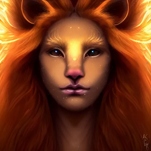 Image similar to Portrait of a girl angel with pale orange colored frizzy strands of illuminated hair, cat ears on her head, glowing halo, Lion's Mane, Cosmic, Lion's Gate, 8/8, fantasy, intricate, elegant, highly detailed, digital painting, artstation, concept art, smooth, sharp focus, illustration, art by Krenz Cushart and Artem Demura and alphonse mucha