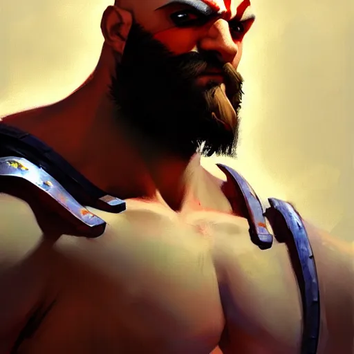 Image similar to Greg Manchess portrait painting of Kratos as Overwatch character, medium shot, asymmetrical, profile picture, Organic Painting, sunny day, Matte Painting, bold shapes, hard edges, street art, trending on artstation, by Huang Guangjian and Gil Elvgren and Sachin Teng