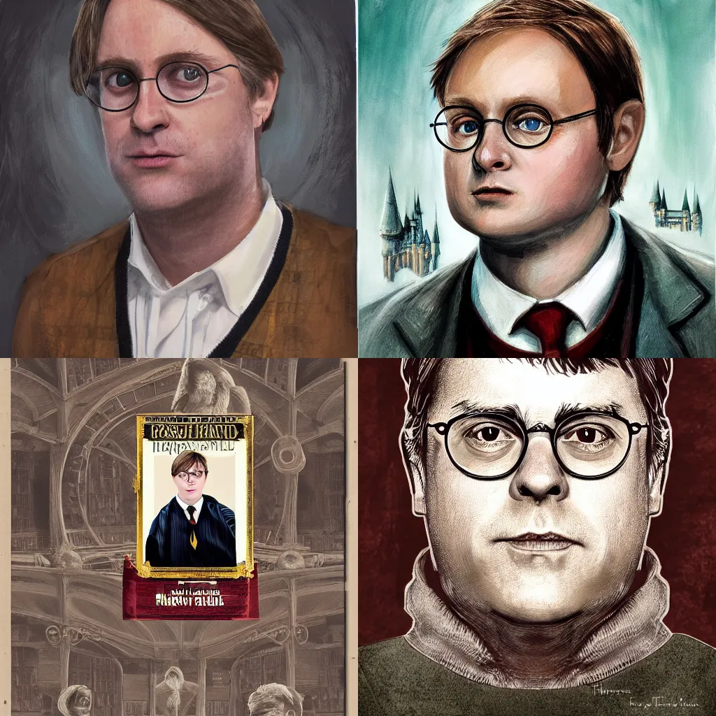 Prompt: portrait of Francois Holland in style Harry Potter, background Hogwarts