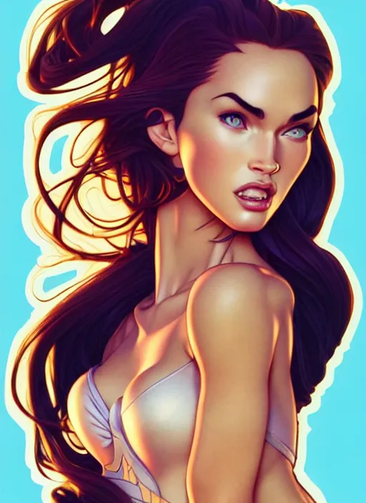 Image similar to cute megan fox sticker design, natural lighting, path traced, highly detailed, high quality, digital painting, by don bluth and ross tran and studio ghibli and alphonse mucha, artgerm
