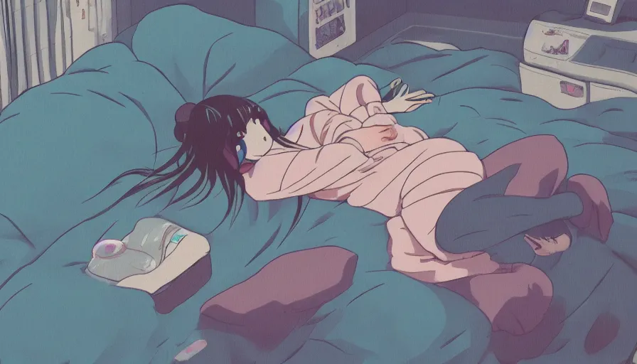 Image similar to girl laying on bed, rainy day, anime, ghibli, 9 0 s, retro style, aesthetic, pastel color