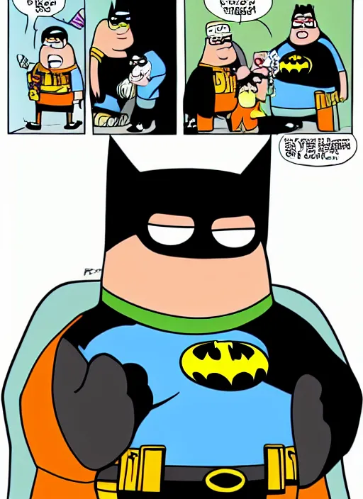 Image similar to peter griffin, wears batman costume, cartoon edition,