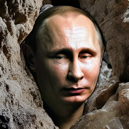 Image similar to photo inside a cavern of a wet reptilian humanoid rapper putin partially hidden behind a rock, with black eyes, open mouth and big teeth