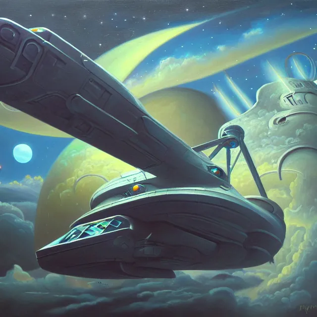 Image similar to an oil on canvas painting of a spaceship, polycount, surrealism, surrealist, cosmic horror, high detail