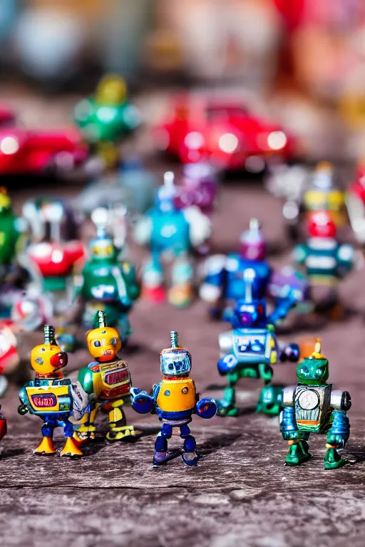 Image similar to high quality presentation photo of a a detailed miniature diorama of retro toy robots invading a detailed model of a 1950s town, photography 4k, f1.8 anamorphic, bokeh, 4k, Canon, Nikon