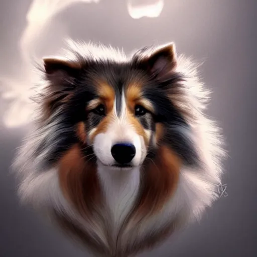 Image similar to a weredog shetland sheepdog, elegant, highly detailed, digital painting, concept art, smooth, sharp focus, illustration, art by artgerm and greg rutkowski and alphonse mucha,artstation,deviantart,FAN ART,Unreal Engine,face enhance,8K,golden ratio,cinematic lighting H 704