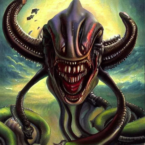 Prompt: realistic portrait beautiful painting of vampir mutate into a xenomorph. horror, created by thomas kinkade.