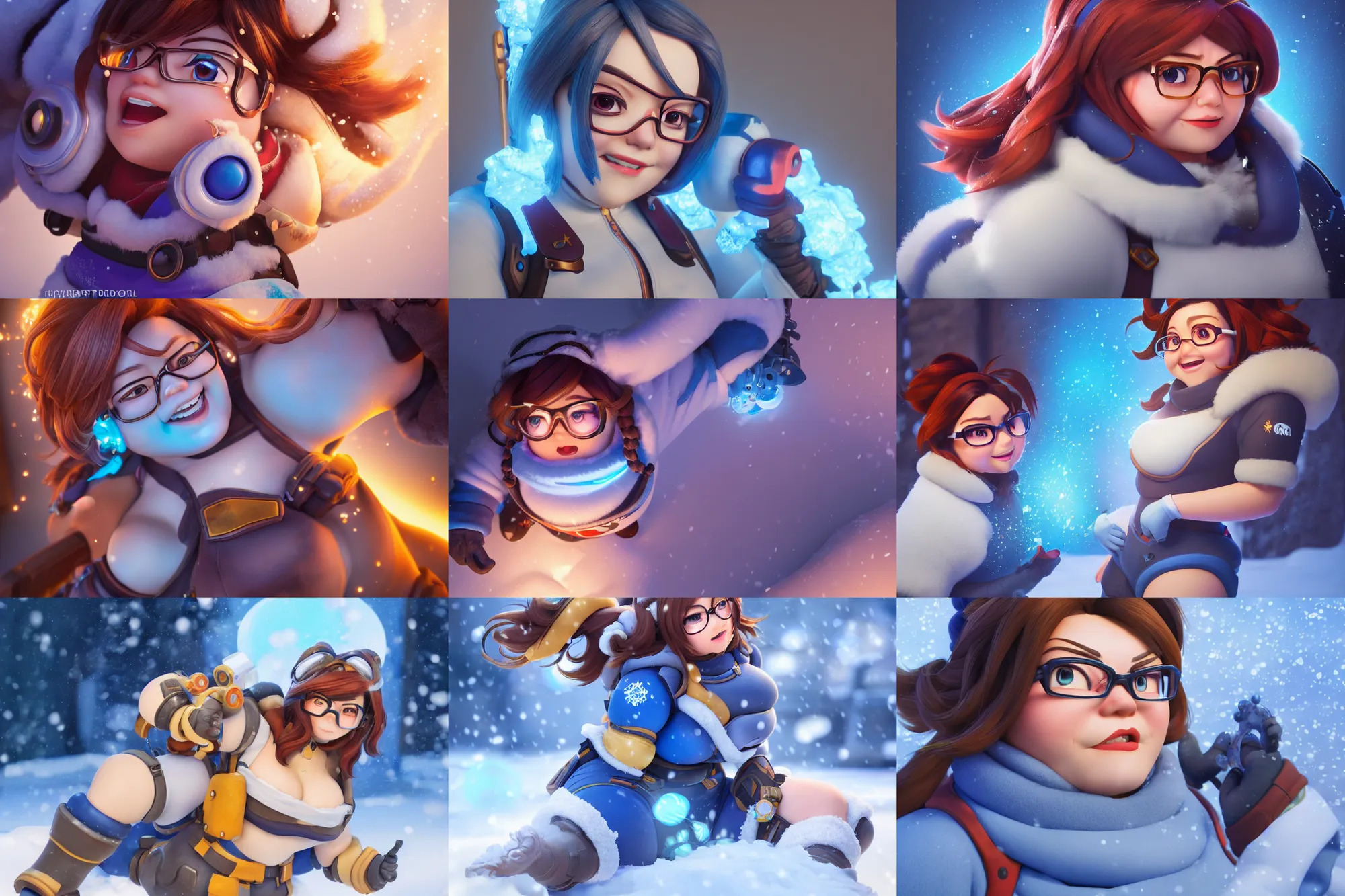 Image similar to hyperdetailed mei from overwatch as a disney pixar character, hd texture, beautiful 3D render, 8k, octane render, soft lighting, hyperrealistic, in the snow, sharp focus, golden hour, specularity, Mei-Ling Zhou