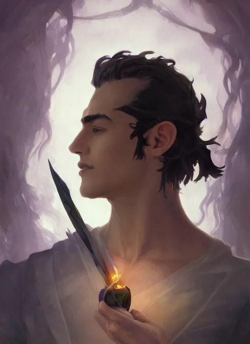 Image similar to character concept portrait of a handsome young heroic hispanic wizard with olive skin casting a love spell, a floating iridescent spell book in the center, intricate, elegant, digital painting, concept art, smooth, sharp focus, illustration, from Metal Gear, by Ruan Jia and Mandy Jurgens and William-Adolphe Bouguereau, Artgerm