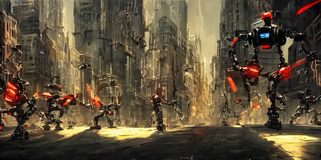 Image similar to evil robots taking over the city, cinematic, concept art, action poses