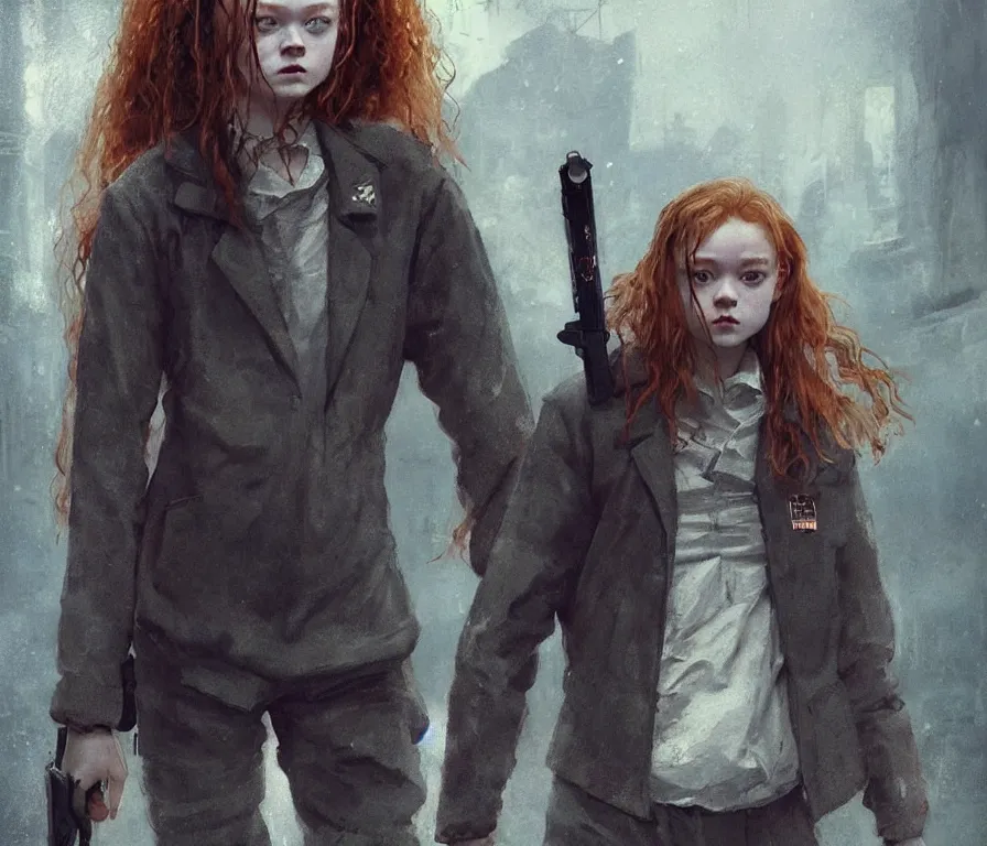 Image similar to sadie sink dressed in oversized school uniform : costume concept for a scifi cyberpunk film. by greg rutkowski, gustave courbet, greg staples, rosa bonheur. sharp focus, cinematic atmosphere, detailed and intricate, perfect anatomy