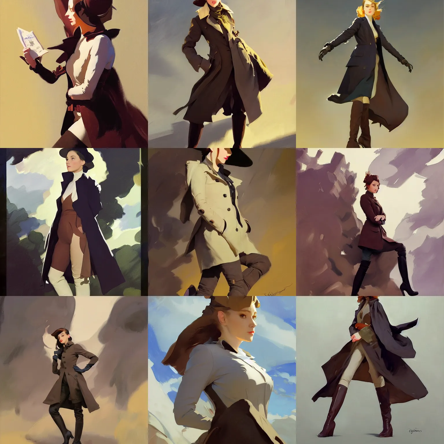 Prompt: cloth fabric jodhpurs knee high boots travel coat fashion, portrait, greg manchess painting by sargent and leyendecker, studio ghibli, fantasy, asymmetrical, intricate, elegant, matte painting, illustration, hearthstone, by greg rutkowski, by greg tocchini, by james gilleard, by joe fenton