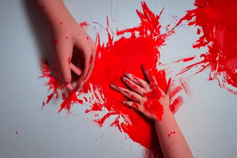 Prompt: a young girl's hands are covered in red paint, creating abstract art in her bedroom!, realism art, digital art, 3 d modeling, light painting, night scene, realistic art, illustration, hand drawn, full body