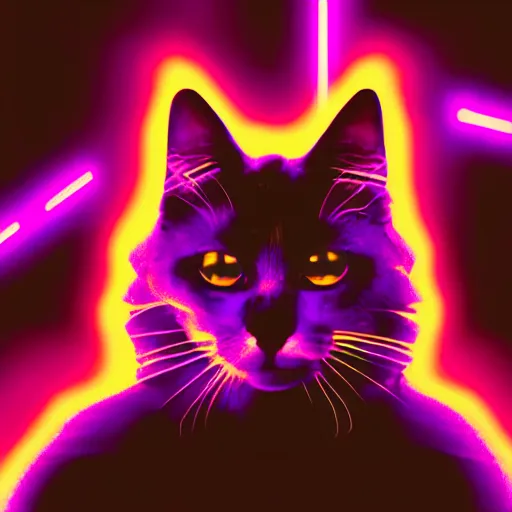 Image similar to cat head outline, portrait, vaporwave, synthwave, neon, vector graphics, cinematic, volumetric lighting, f 8 aperture, cinematic eastman 5 3 8 4 film, lightning in background