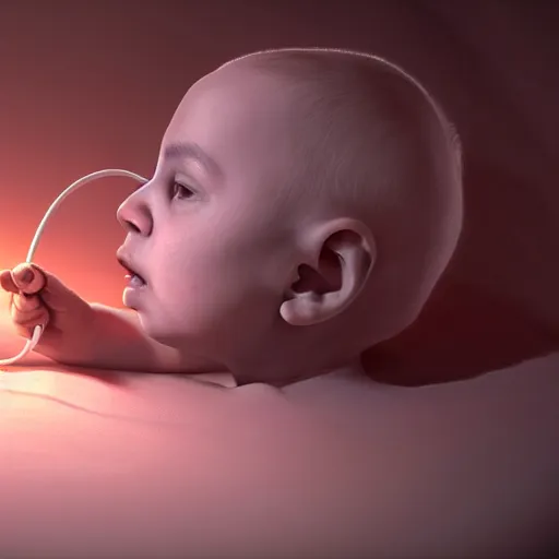 Image similar to picture of fetus with a cord, coming out from the television static noise, 8k, unreal engine, concept art, oil paiting, artstaion, higly detailed, ultra hd