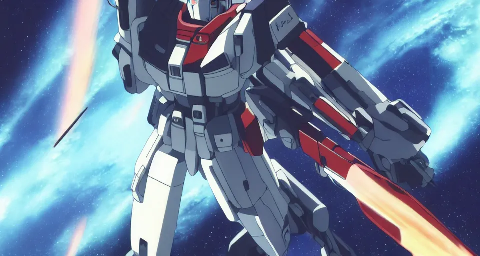 Image similar to RX-78-2 in the science fiction anime series gundam by makoto shinkai, flying through space, beautiful, interstellar, cinematic, shooting star, gundam