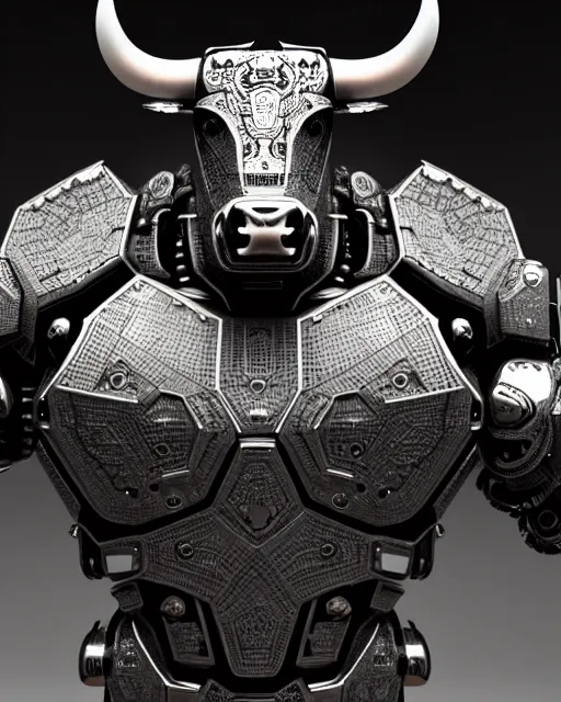 Prompt: a full body shot of an imposing cyborg bull modeled after a bull looking into the camera, black skin!!!, intricate pattern, hard rubber chest, highly detailed, android, cyborg, full body shot, shiny, intricate, 3 d, symmetrical, octane render, fantasy, highly detailed, digital art, artstation, strong bokeh