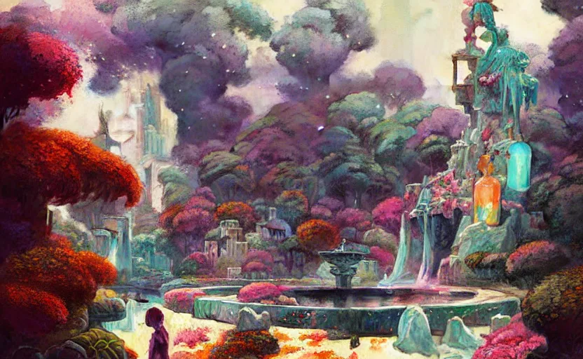 Prompt: magical fountain, fantasy. intricate, amazing composition, colorful watercolor, by ruan jia, by maxfield parrish, by marc simonetti, by hikari shimoda, by robert hubert, by zhang kechun, illustration, gloomy