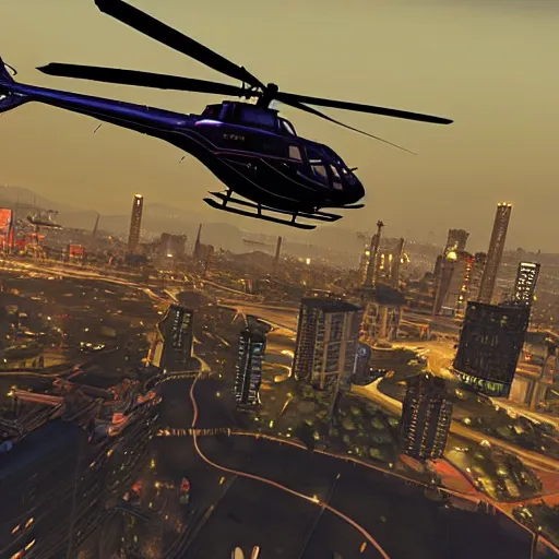 Image similar to Helicopter above a night city in GTA 5, cover art by Stephen Bliss, boxart, loading screen