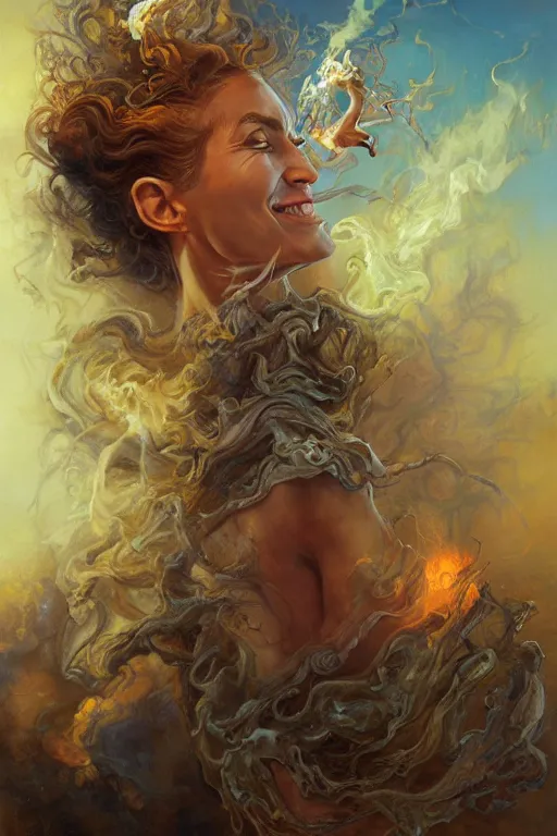 Prompt: a smiling claudia black melting into smoke highly detailed, james gurney, alan lee, michael cheval, peter mohrbacher, boris vallejo, jessica rossier, oil painting