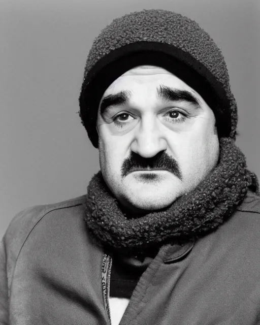 Prompt: headshot of john belushi wearing a russian trapper soviet ushanka bomber hat knitted leather earflap fur lined winter cap and aviator goggles, he is also wearing an a 2 flight jacket, a long white scarf is wrapped around his neck, he has a 5 o'clock shadow, a crazed angry look on his face