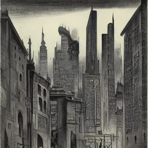 Image similar to Body art. A beautiful, but eerie, illustration of a cityscape at night. The buildings are all tall and thin, and they are lit up by a strange light. The sky is deep and dark and there are no stars to be seen. stuckism, cool indigo by Honoré Daumier, by Hans Bellmer realistic