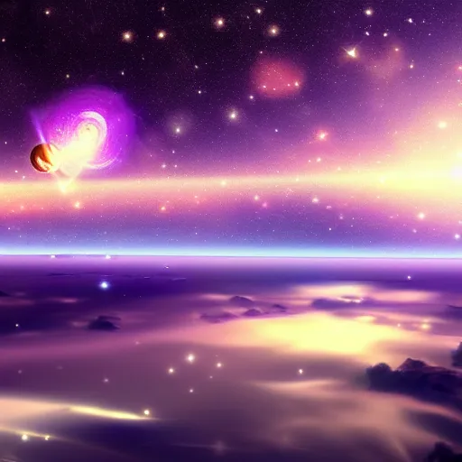 Image similar to anime style hd wallpaper of outer space horizon, glittering stars scattered about, lilac colors