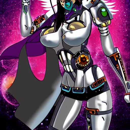 Prompt: cyborg goddess of destruction angry anime