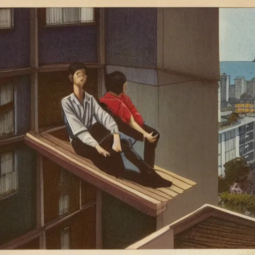 Image similar to art of two singaporean students in uniform sitting on the roof of a hdb flat, by moebius