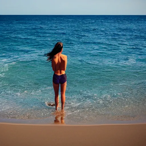 Prompt: hi resolution of woman's back as she faces the ocean