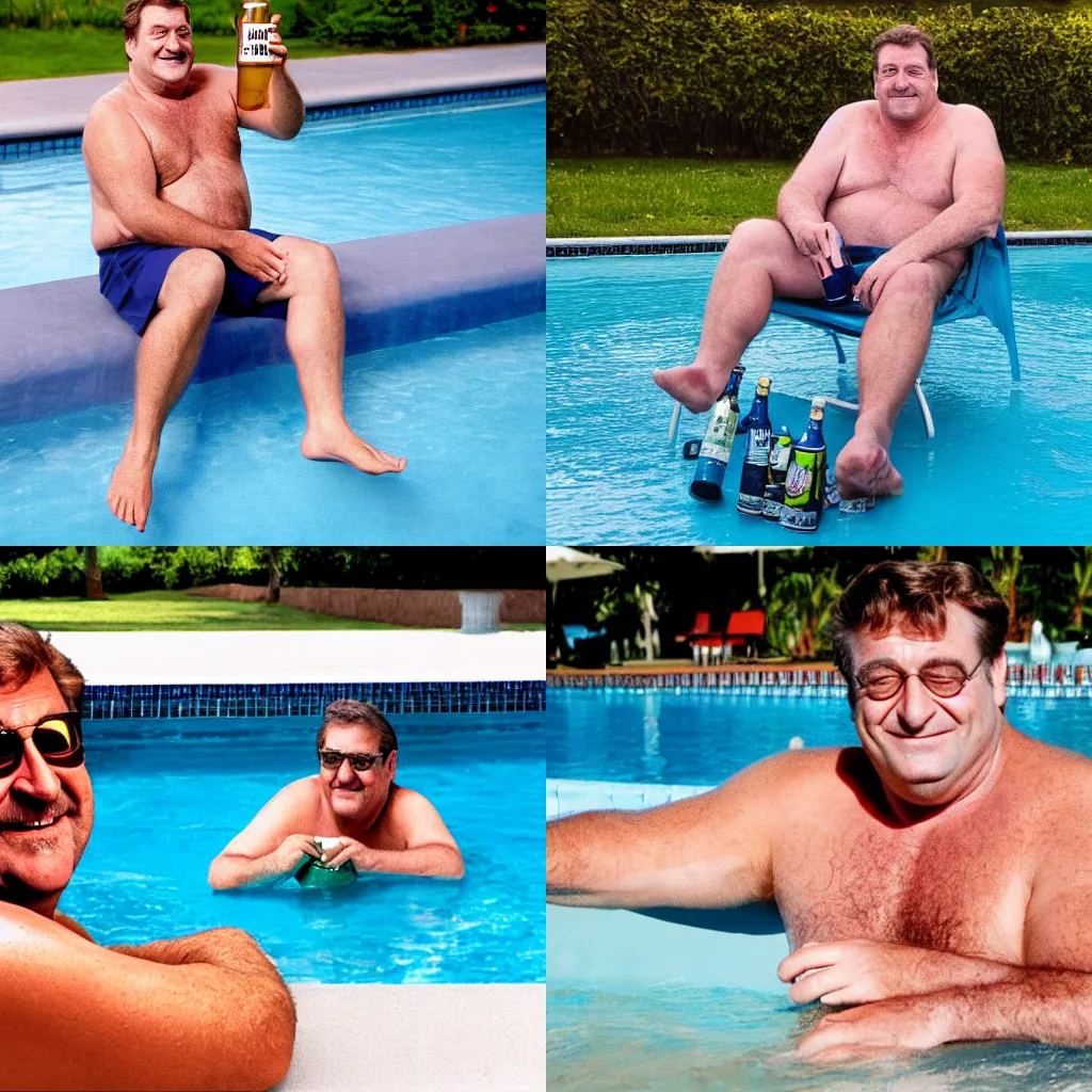 Prompt: john goodman sitting on the edge of a swimming pool with his feet in the water, holding a beer can, cheeky smile