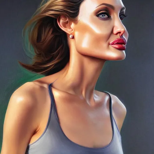 Image similar to angelina jolie playing tennis in the style of stefan kostic, realistic, full body, sharp focus, 8 k high definition, insanely detailed, intricate, elegant, art by stanley lau and artgerm