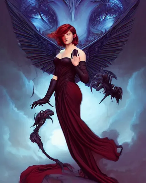 Prompt: style of gerald brom, artgerm : : gorgeous mary elizabeth winstead : : evil sorceress, swirling black magic, black dress : : symmetrical face, symmetrical eyes : : full body pose : : gorgeous red hair : : cinematic lighting : :