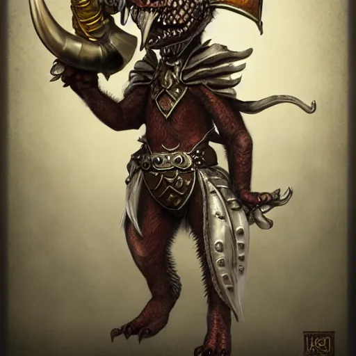 Image similar to a kobold with silver scales holding a warhorn, artstation dungeons and dragons, concept character art