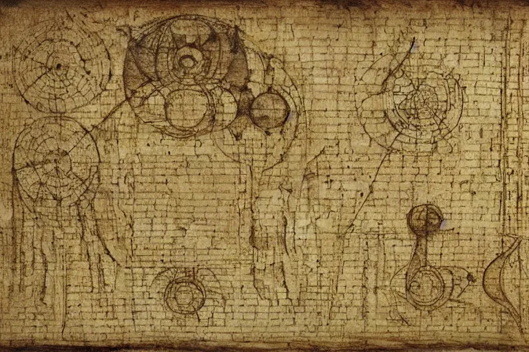 Prompt: ancient technical schematics on parchment by leonardo da vinci of a 9 1 1