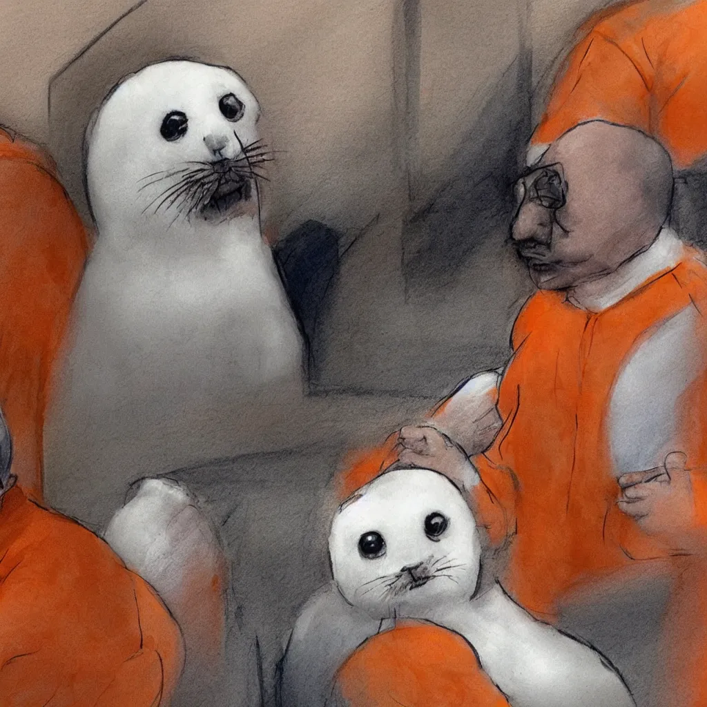 Image similar to a baby harp seal in an orange prisoner jumpsuit, dressed as a prisoner, sitting next to his lawyer in court, courtroom sketch