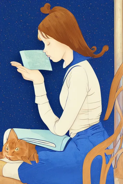 Image similar to a digital painting of a girl reading a book with a cat in A comfortable study room at night,JK uniform ,Hairdryer,blue theme,S line, by anmi and reoenl and mucha