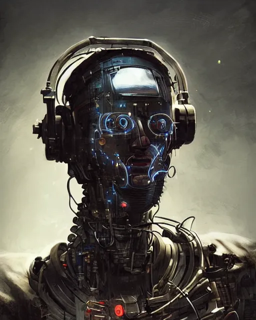 Image similar to a half - masked rugged young laboratory engineer man with cybernetic enhancements as seen from a distance, scifi character portrait by greg rutkowski, esuthio, craig mullins, 1 / 4 headshot, cinematic lighting, dystopian scifi gear, gloomy, profile picture, mechanical, half robot, implants, steampunk