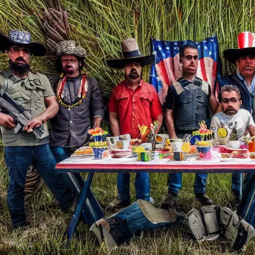Prompt: wide-angle photo of the Juarez Cartel at a kid’s tea party, high detail, National Geographic 2022, award winning photography, 8k