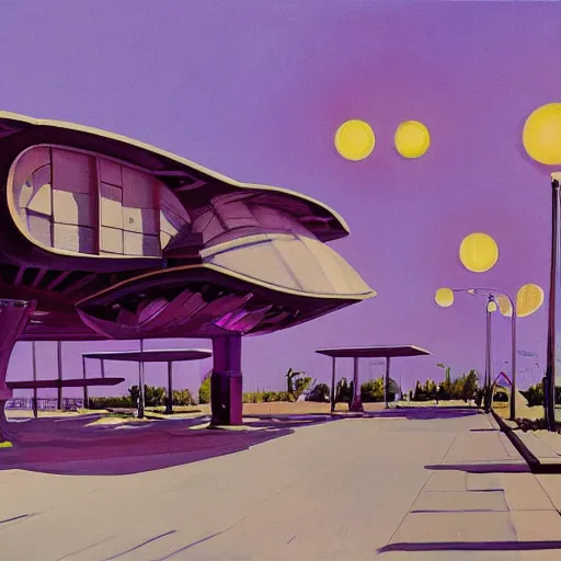 Prompt: painting of syd mead artlilery scifi organic shaped motel with ornate metal work lands on a sidewalk, fossil ornaments, volumetric lights, purple sun