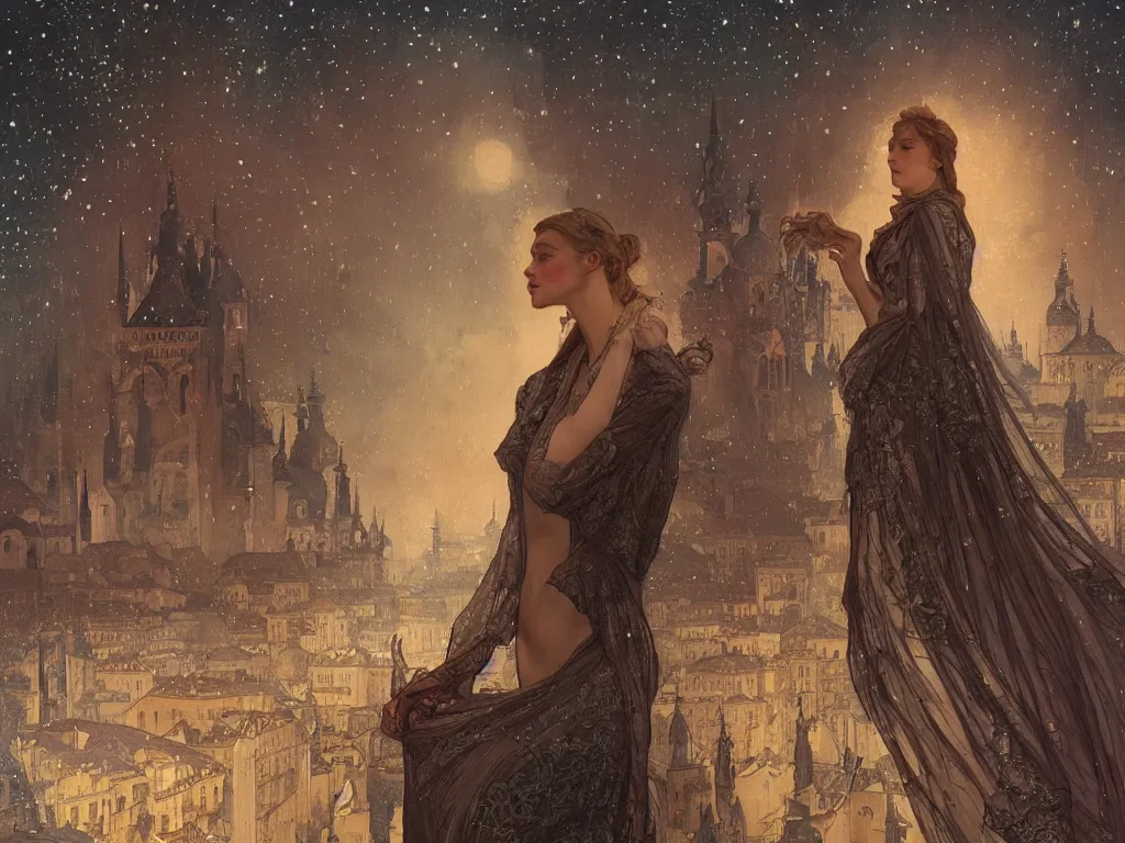 Image similar to a girl watching from the river of a city resembling prague, paris, and venice at night with the sky full of stars, intricate, elegant, highly detailed, digital painting, artstation, concept art, smooth, sharp focus, colored illustration for tattoo, art by krenz cushart and artem demura and alphonse mucha,