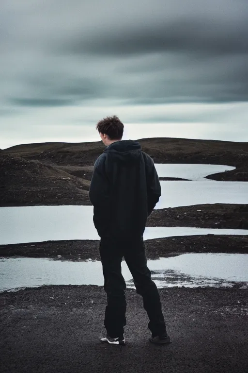 Image similar to kodak color plus 2 0 0 photograph of a skinny guy looking at beautiful iceland scenery, front view, vaporwave colors, grain, moody lighting, moody aesthetic,