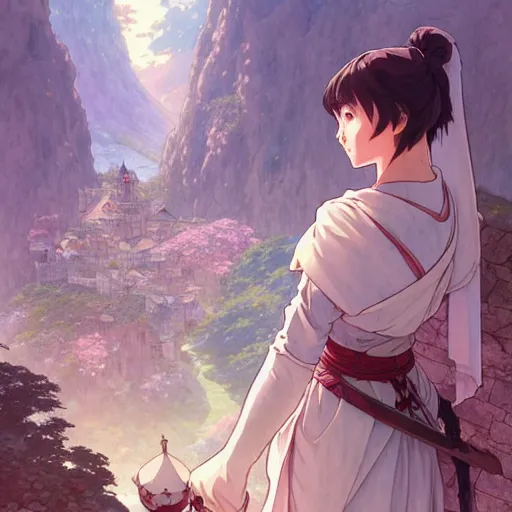 Image similar to the knight and the sword of rose petal, anime, castle core, mountains, rocky roads. by hayao miyazaki and rossdraws and artgerm and greg rutkowski and alphonse mucha and studio ghibli and ilya kuvshinov. high quality, stunning, intricate detailed environment. 8 k