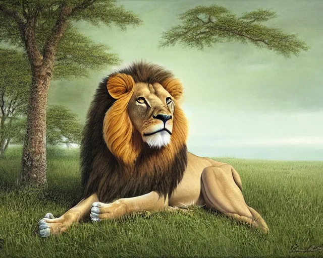 Image similar to a majestic lion under a tree in the morning by Aaron Blaise and Robert Bateman