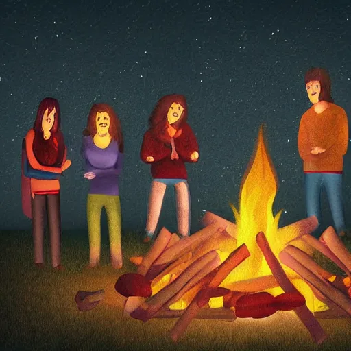 Image similar to sad people gathered around a camp fire at night, dark background, digital art